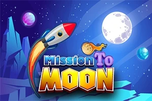 Raketa letí vesmírem směrem k Měsíci s výrazným barevným nápisem Mission To Moon na pozadí hvězdné oblohy