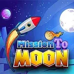 Raketa letí vesmírem směrem k Měsíci s výrazným barevným nápisem Mission To Moon na pozadí hvězdné oblohy