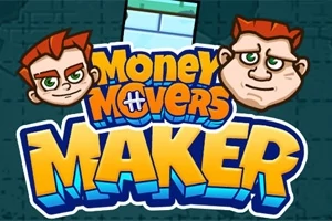 Dva kreslení mužské obličeje se zrzavými vlasy nad stylizovaným nápisem Money Movers Maker na tmavém pozadí