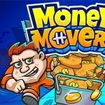 Dva kreslení postavičky v oranžových kombinézách táhnou vozík plný zlatých mincí, nad nimi je výrazný název „Money Movers“ na modrém pozadí