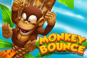 Veselá kreslená opice skáče na palmě s nápisem Monkey Bounce na modrém pozadí