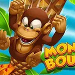Veselá kreslená opice skáče na palmě s nápisem Monkey Bounce na modrém pozadí