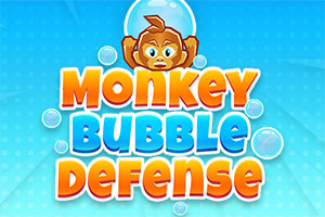 Opice v bublině nad textem Monkey Bubble Defense na modrém pozadí s bublinkami