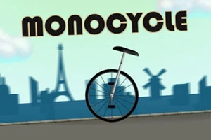 Jednokolka s nápisem „Monocycle“ na pozadí městské siluety s Eiffelovou věží a větrným mlýnem