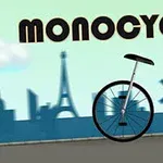 Jednokolka s nápisem „Monocycle“ na pozadí městské siluety s Eiffelovou věží a větrným mlýnem
