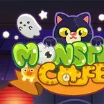 Černá kočka s velkýma očima nad nápisem Monster Cafe obklopená duchy a hvězdami