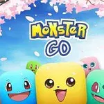 Barevné kreslené postavičky s velkými očima na modrém pozadí s růžovými květy a textem Monster Go