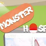 Nápis MONSTER HOSPITAL na zeleném pozadí s oranžovým a červeným motivem