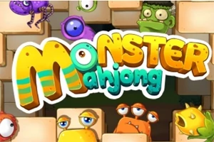 Barevný nápis Monster Mahjong obklopený různobarevnými kreslenými příšerami s různými výrazy