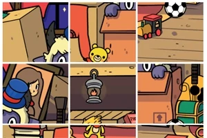 Ilustrace s různými předměty na polici, včetně plyšové hračky, obrázku, lampy, vlaku, fotbalového míče a kytary