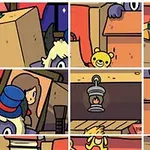 Ilustrace s různými předměty na polici, včetně plyšové hračky, obrázku, lampy, vlaku, fotbalového míče a kytary