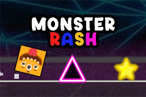 Barevný nápis Monster Rash nad animovanými tvary včetně čtverce se smajlíkem, růžového trojúhelníku a žluté hvězdy na tmavém pozadí