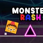 Barevný nápis Monster Rash nad animovanými tvary včetně čtverce se smajlíkem, růžového trojúhelníku a žluté hvězdy na tmavém pozadí