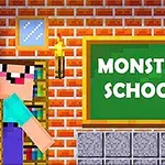 Postavy z kostek v učebně před tabulí s nápisem Monster School ve stylu pixelové grafiky