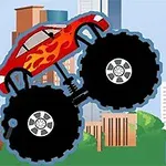 Červené auto s plameny a velkými koly skáče na pozadí městských budov a modrého kola