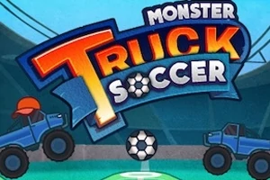 Dva modré monster trucky s fotbalovým míčem pod nadpisem Monster Truck Soccer