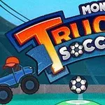 Dva modré monster trucky s fotbalovým míčem pod nadpisem Monster Truck Soccer
