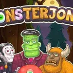 Karikatury tří příšer pod nápisem MONSTERJONG v lese s měsícem v pozadí