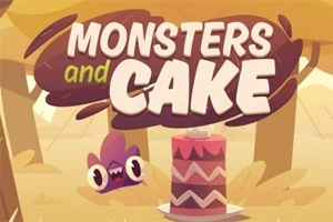 Barevná ilustrace s nápisem Monsters and Cake, roztomilým monsterem a vysokým dortem v lese