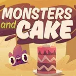 Barevná ilustrace s nápisem Monsters and Cake, roztomilým monsterem a vysokým dortem v lese