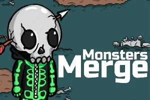 Postava s lebkovou maskou a šipkou v hlavě, oblečená v zelené bundě, na tmavém pozadí s nápisem Monsters Merge