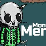 Postava s lebkovou maskou a šipkou v hlavě, oblečená v zelené bundě, na tmavém pozadí s nápisem Monsters Merge