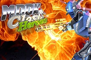 Robotická postava s futuristickou zbraní stojí před ohnivým pozadím, s nápisem v levé části