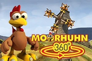 Kreslená slepice stojí na louce před větrným mlýnem s nápisem Moorhuhn 360°