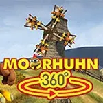 Kreslená slepice stojí na louce před větrným mlýnem s nápisem Moorhuhn 360°