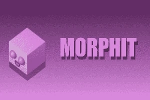 Fialový usmívající se kostkový objekt vedle nápisu MORPHIT na fialovém pozadí