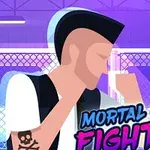 Ilustrace bojovníka s mohykánským účesem a tetováním lebky na paži před kovovou klecí na fialovém pozadí