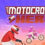 Tři motorkáři na různobarevných motokrosových motorkách jedou v pouštní krajině pod fialovou oblohou, s nápisem nahoře