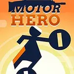 Stylizovaná grafika postavy na motorce s oranžovým pozadím a slovy „Motor Hero“