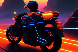 Motorka s jezdcem ve futuristickém stylu s neonovými světly na světlé dráze za soumraku