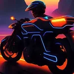 Motorka s jezdcem ve futuristickém stylu s neonovými světly na světlé dráze za soumraku