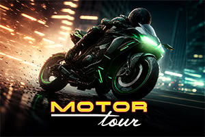 Motocyklista v černé kombinéze projíždí na futuristickém motocyklu zatáčku s jiskrami a nápisem Motor Tour