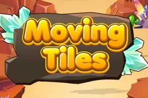 Název Moving Tiles zobrazený na kamenném pozadí s křišťály a skalami na okrajích