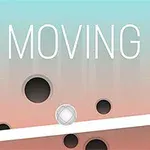 Nápis MOVING UP nad šikmou bílou čarou s bílou koulí a černými dírami na růžovo–modrém pozadí