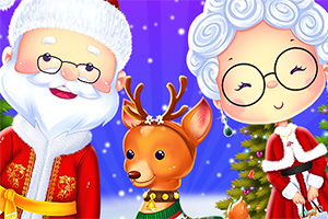 Santa Claus a paní Clausová stojí vedle soba před ozdobeným vánočním stromkem