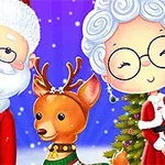 Santa Claus a paní Clausová stojí vedle soba před ozdobeným vánočním stromkem