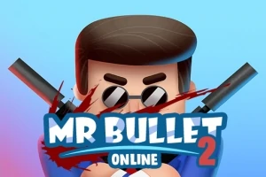 Ilustrace postavy s brýlemi a dvěma pistolemi na světle modrém pozadí s nápisem MR BULLET 2 ONLINE