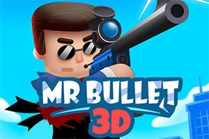 Kreslená postava v brýlích drží pušku na pozadí modré oblohy s textem MR BULLET 3D