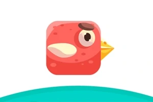 Červený kreslený pták s jedním velkým okem a žlutým zobákem na bílém pozadí