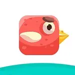 Červený kreslený pták s jedním velkým okem a žlutým zobákem na bílém pozadí