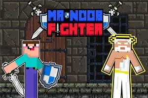 Dva pixelovaní postavy se zbraněmi a štíty před kamenným pozadím s nápisem Mr Noob Fighter