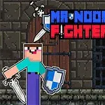 Dva pixelovaní postavy se zbraněmi a štíty před kamenným pozadím s nápisem Mr Noob Fighter