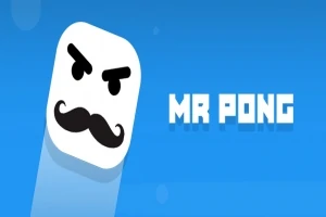 Bílá kostka s černým knírkem a zamračeným výrazem na modrém pozadí vedle nápisu MR PONG