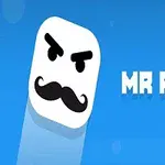 Bílá kostka s černým knírkem a zamračeným výrazem na modrém pozadí vedle nápisu MR PONG