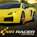 Žluté sportovní auto na silnici s rozostřeným pozadím a nápisem MR RACER - CAR RACING