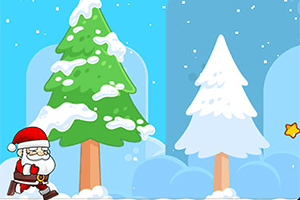 Santa Claus v červeném obleku běží zasněženou krajinou s vánočními stromy a hvězdou na obloze